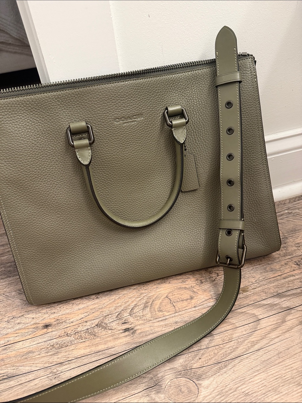 Coach Olive Green Pebbled Leather Laptop Tote with Detachable Strap